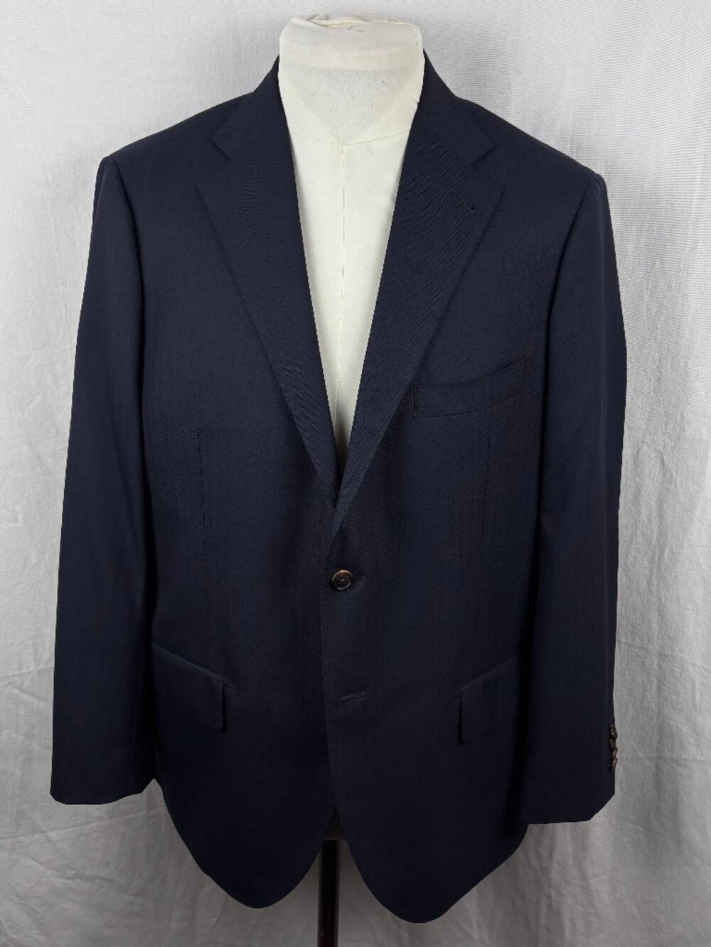 Proper Cloth Drago S130s Navy Wool Herringbone Suit Jacket 46R Slim